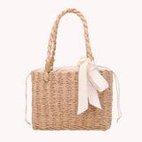 Women’s Handmade Straw Square Basket Tote – Vintage Summer Beach Woven Bag