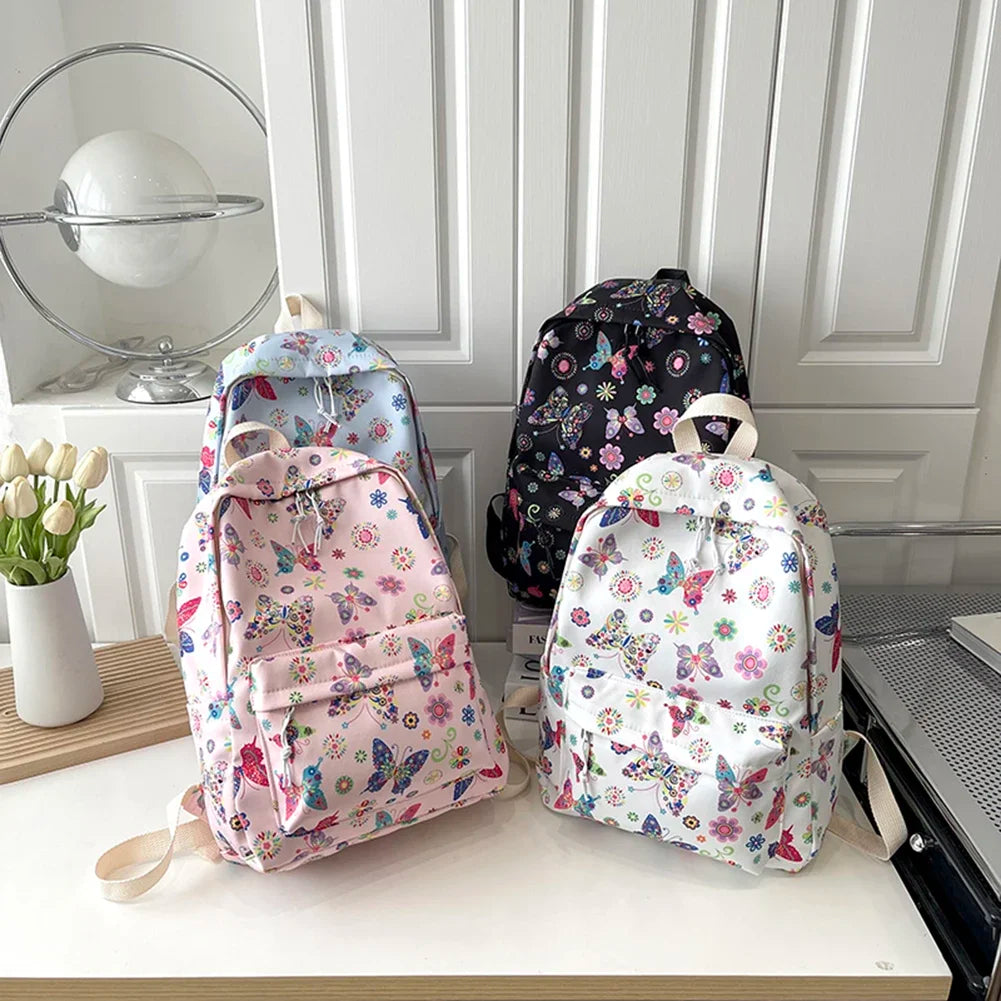 Butterfly Print Nylon School Backpack – Large Capacity Floral Student Book Bag for Daily & Outdoor Use
