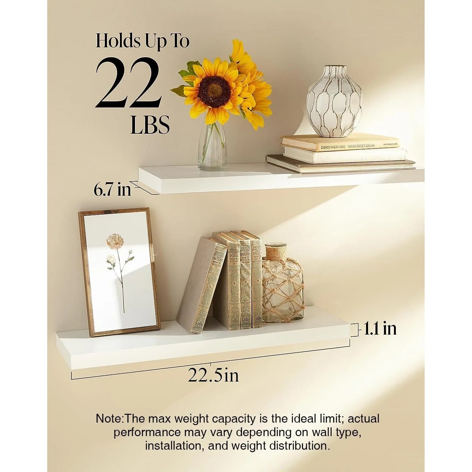 Set of 2 Floating Wall Shelves – Rustic Wood & White Finish for Bathroom, Bedroom, Kitchen & Office