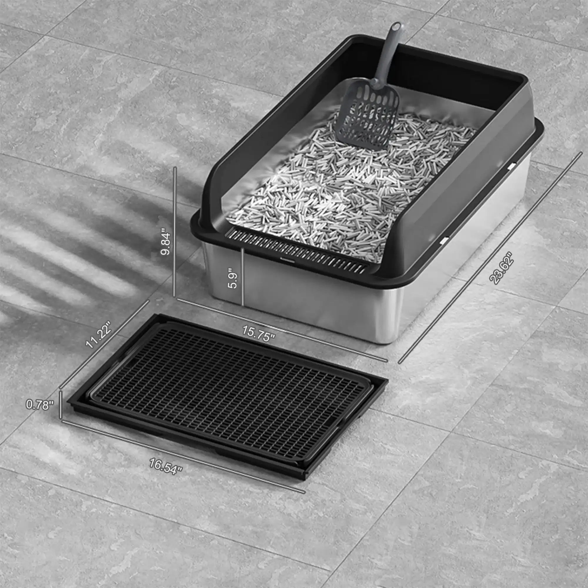 Stainless Steel Cat Litter Box – High-Sided Pan for Large Cats, Double-Layer Mat & Scoop Included