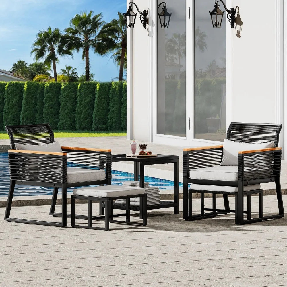 5-Piece Rattan Wicker Outdoor Bistro Set – Conversation Chairs with Footrest & Table