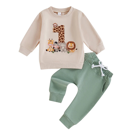 Baby Boy First Birthday Outfit – Animal Print Long Sleeve Sweatshirt & Elastic Waist Pants Set for Fall Celebrations