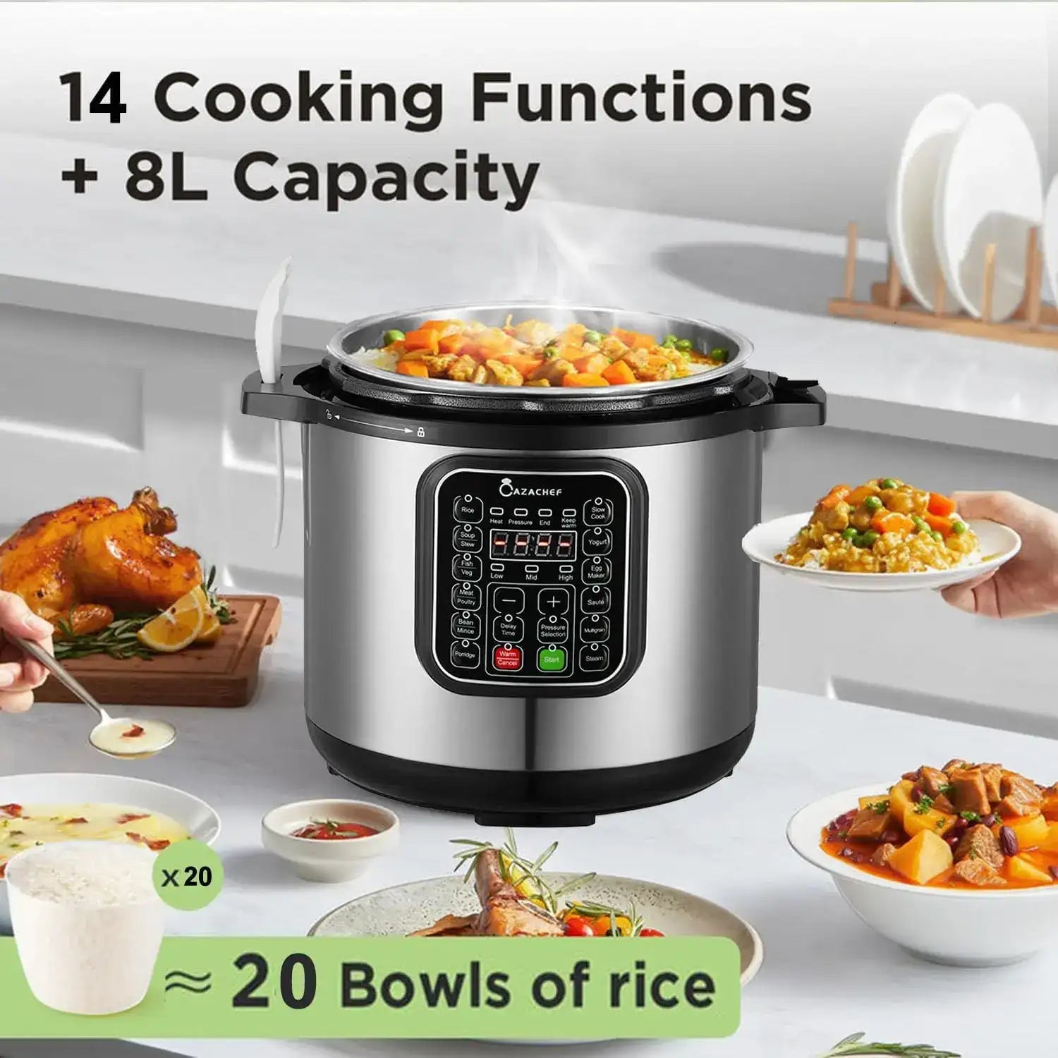 8 QT Stainless Steel Electric Pressure Cooker – 14-in-1 Multi-Function Rice & Slow Cooker with Temperature Control 🍲