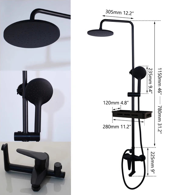 Zappo Matte Black 3-Way Wall-Mounted Rainfall Shower System – Shelf & Bathtub Mixer Included
