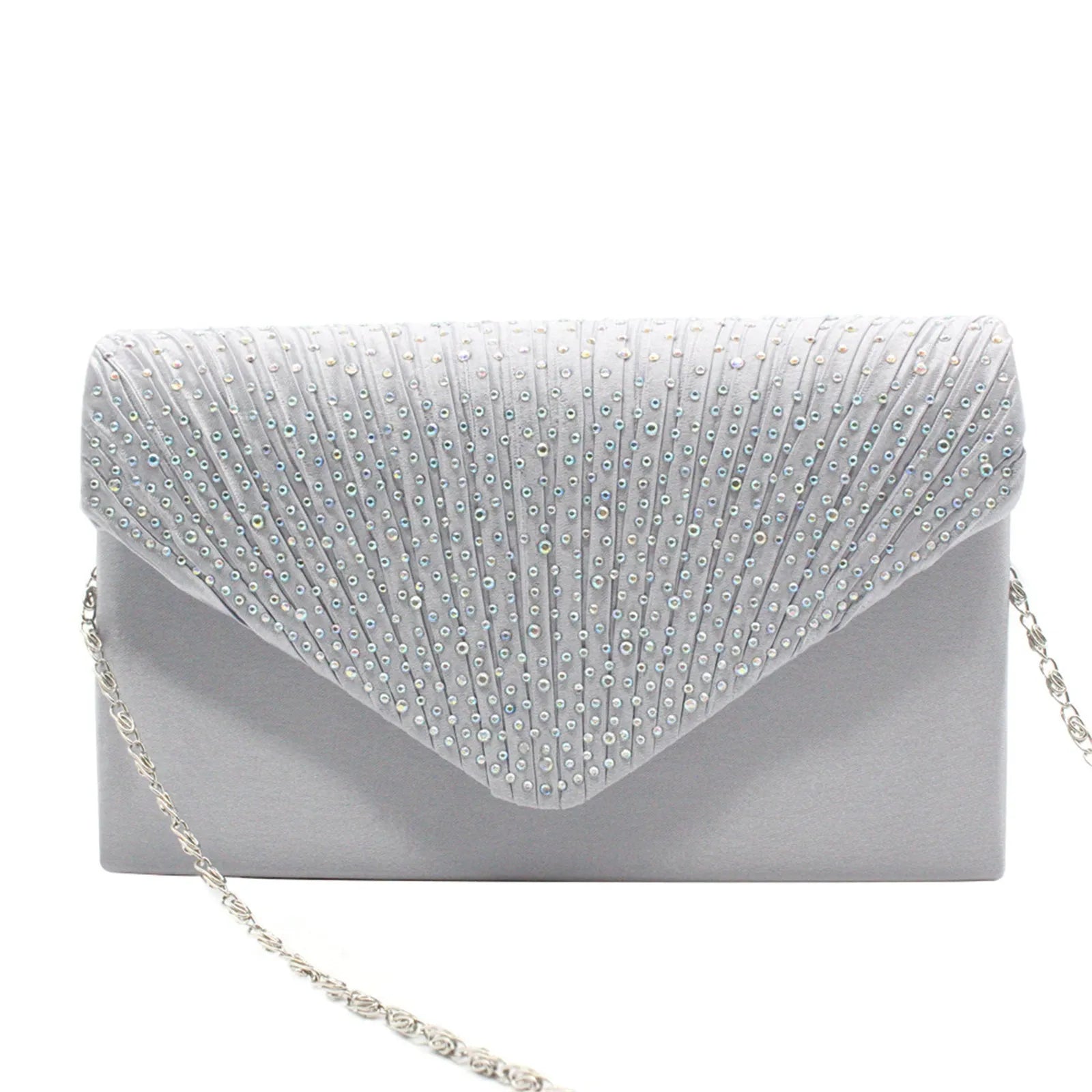 Women’s Satin Rhinestone Clutch – Elegant Evening Shoulder Bag with Thin Chain for Parties, Banquets & Weddings