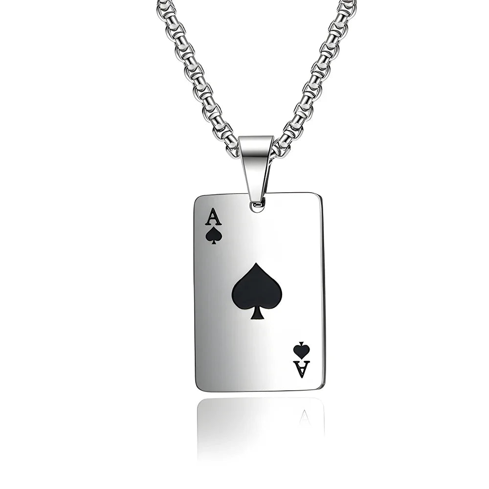 Hip Hop Poker Card Necklace for Men – Stainless Steel Ace of Spades Pendant Chain, Street Style Playing Card Jewelry
