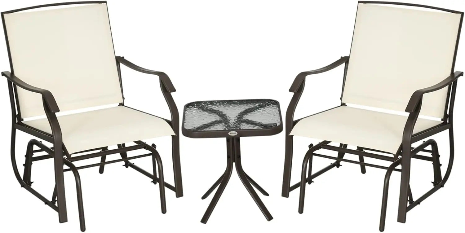 “3-Piece Outdoor Glider Bistro Set – 2 Rocking Swing Chairs with Breathable Sling Fabric & Glass Coffee Table”