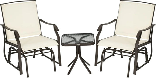 “3-Piece Outdoor Glider Bistro Set – 2 Rocking Swing Chairs with Breathable Sling Fabric & Glass Coffee Table”