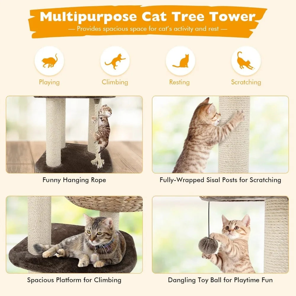 Tangkula Modern Cat Tree – Small Tall Indoor Cat Tower with Sisal Scratching Post & Handmade Wicker Cat Condo for Stylish Homes