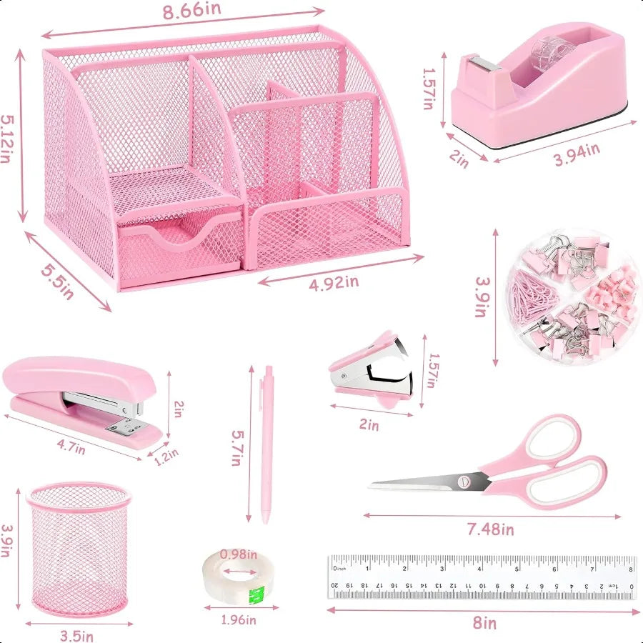 12-Piece Pink Office Desk Accessories Set – Tape Dispenser, Stapler & Organizer