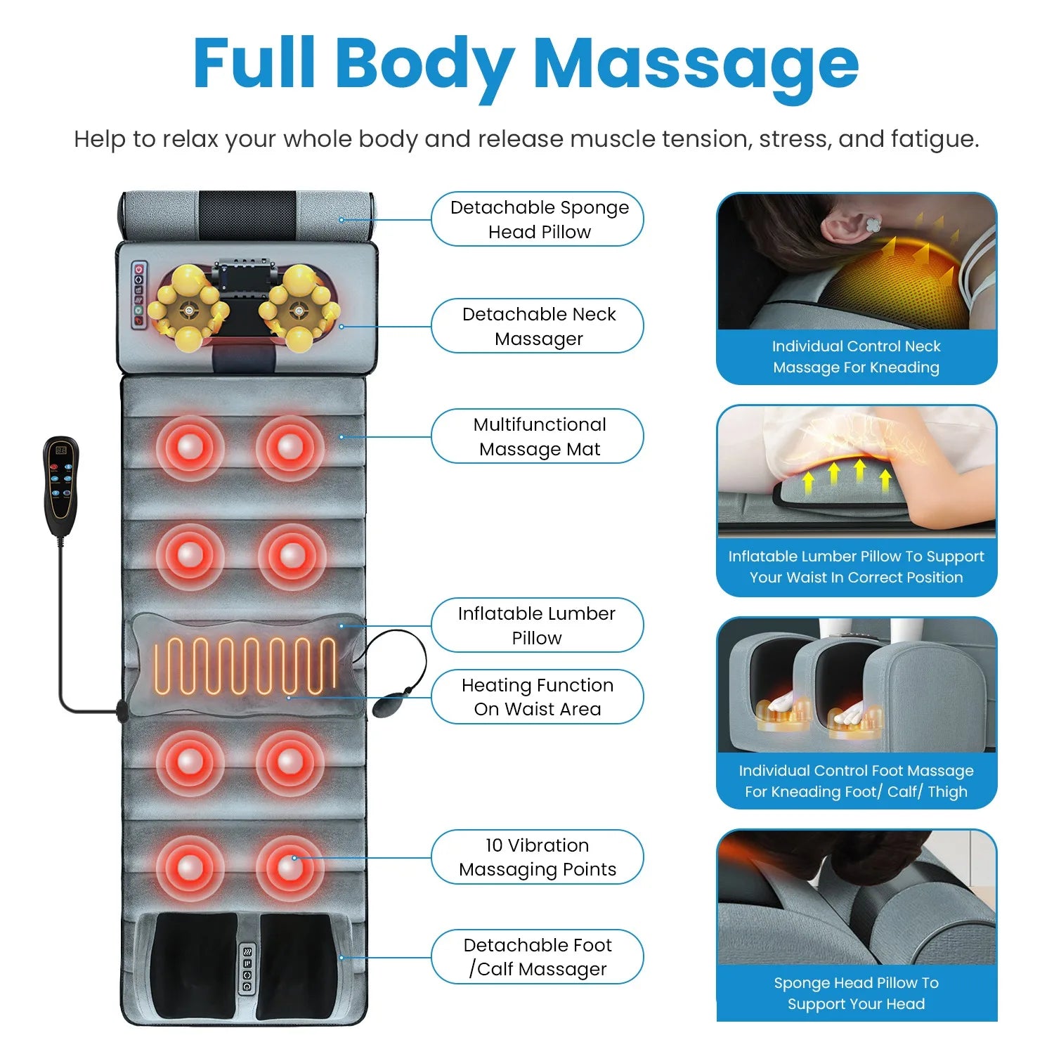 Full-Body Electric Massage Mat with Heat & Vibration – Foldable Cushion for Back, Neck, Feet & Lumbar Support