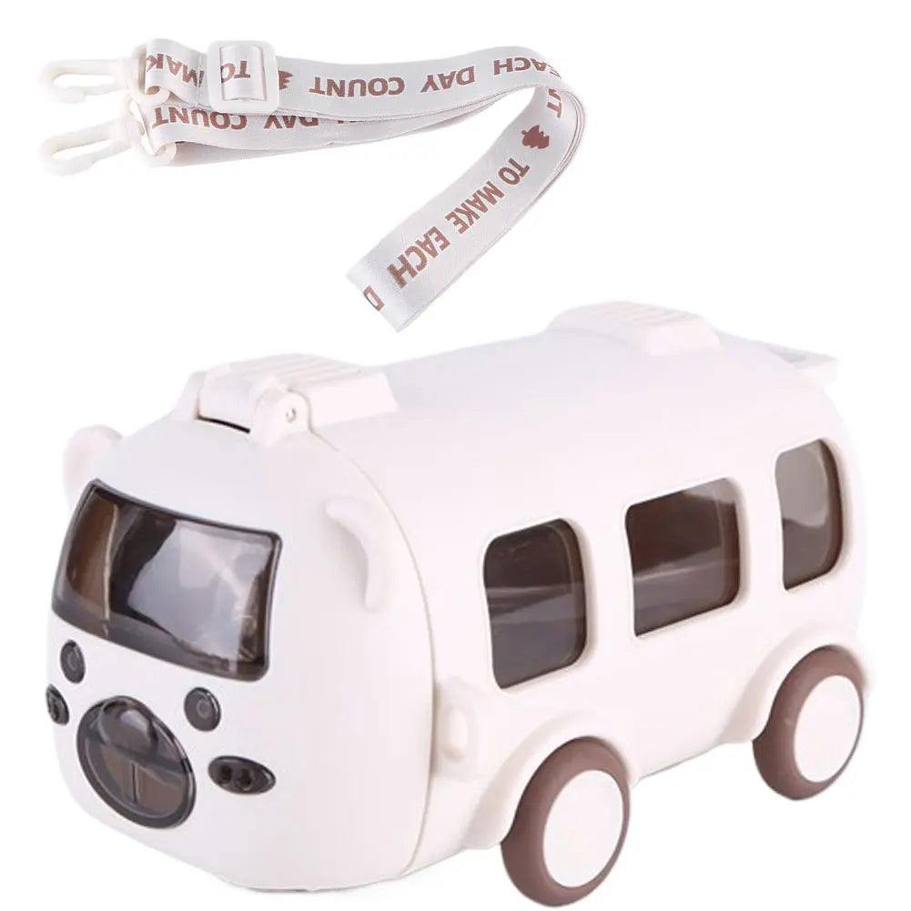 Bus-Shaped Cartoon Water Bottle – 500 ml Leakproof Kids Drinking Bottle with Movable Wheels & Strap