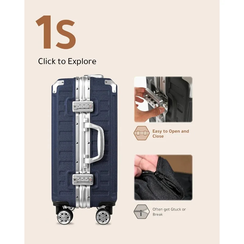 LUGGEX Aluminum Frame Carry-On Suitcase – Zipperless Polycarbonate Hard Shell Luggage with 4 Smooth Wheels
