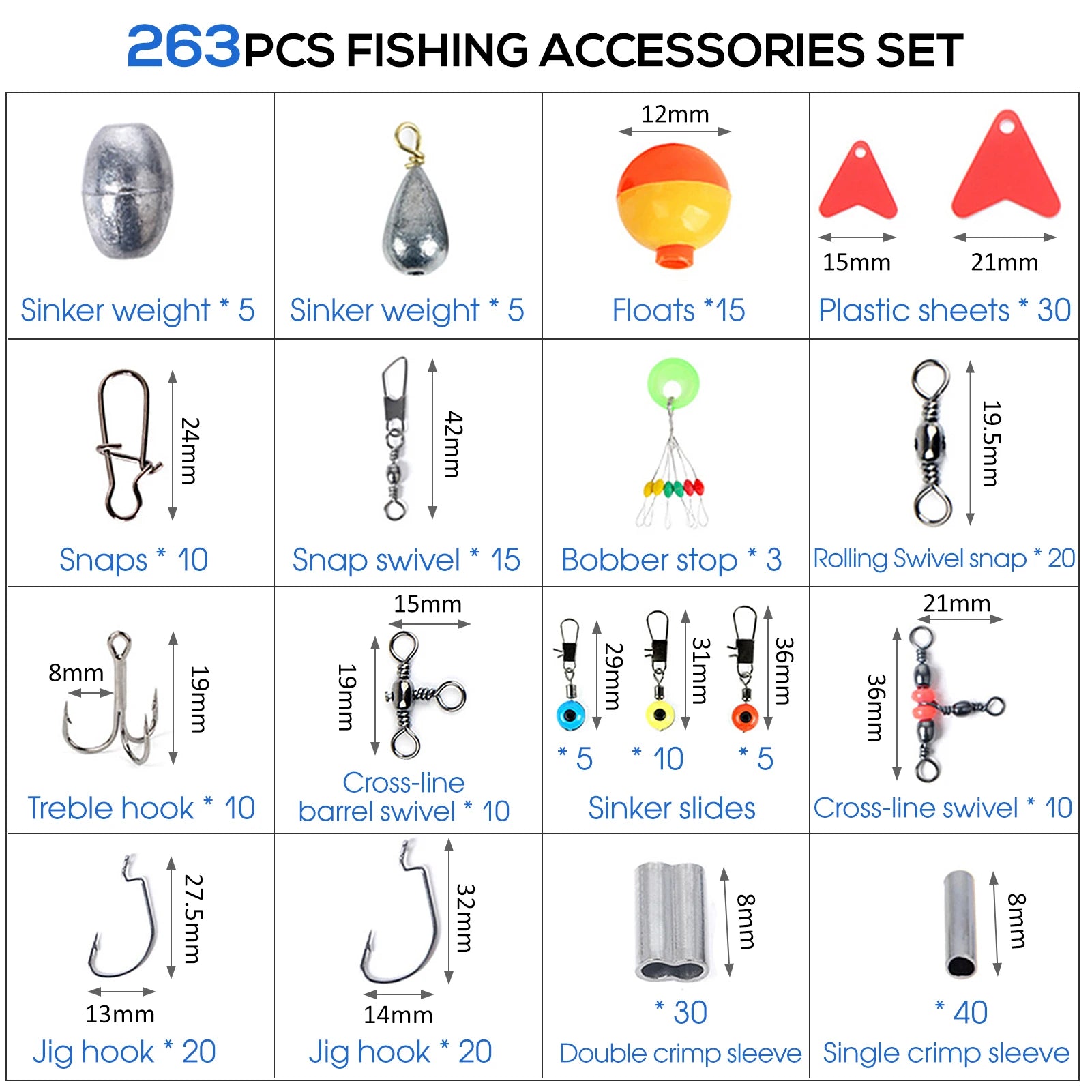 263-Piece Fishing Accessories Set with Tackle Box – Includes Pliers, Jig Hooks, Sinkers, Swivels, Snaps & Sinker Slides | Complete Fishing Kit