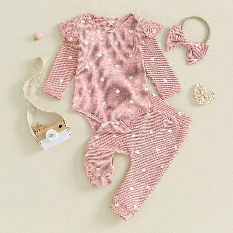 Infant Baby Girl Waffle-Knit Heart Romper, Pants & Headband 3-Piece Fall Outfit Set