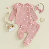 Infant Baby Girl Waffle-Knit Heart Romper, Pants & Headband 3-Piece Fall Outfit Set