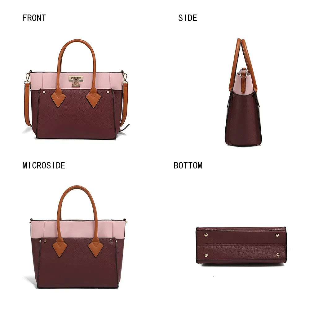 Large Capacity Color Block Vegan Leather Women’s Tote Bag 👜 + Matching Wallet – 2-Piece Set