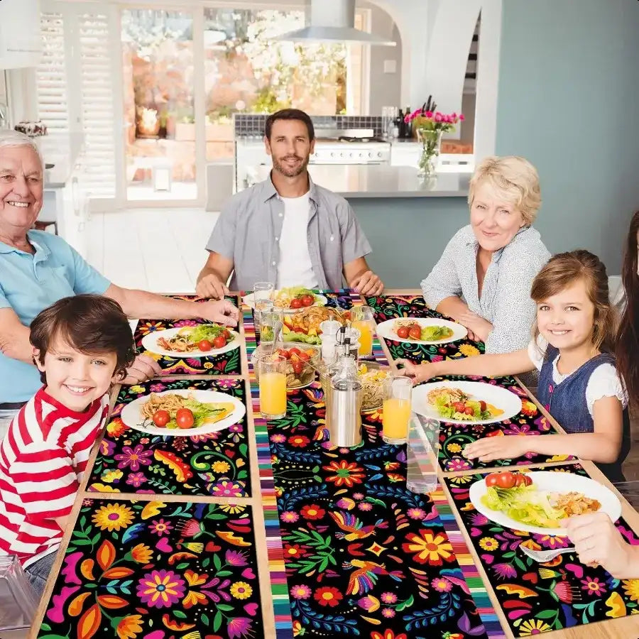 Mexican Fiesta 7-Piece Table Set – Vibrant Placemat & Table Runner Kit for Dia de los Muertos & Farmhouse Dining 🌵🎉