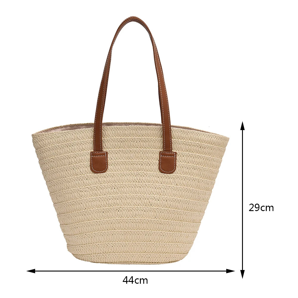 Large Capacity Woven Beach Tote Bag – Casual Solid-Colour Shoulder Bag for Women