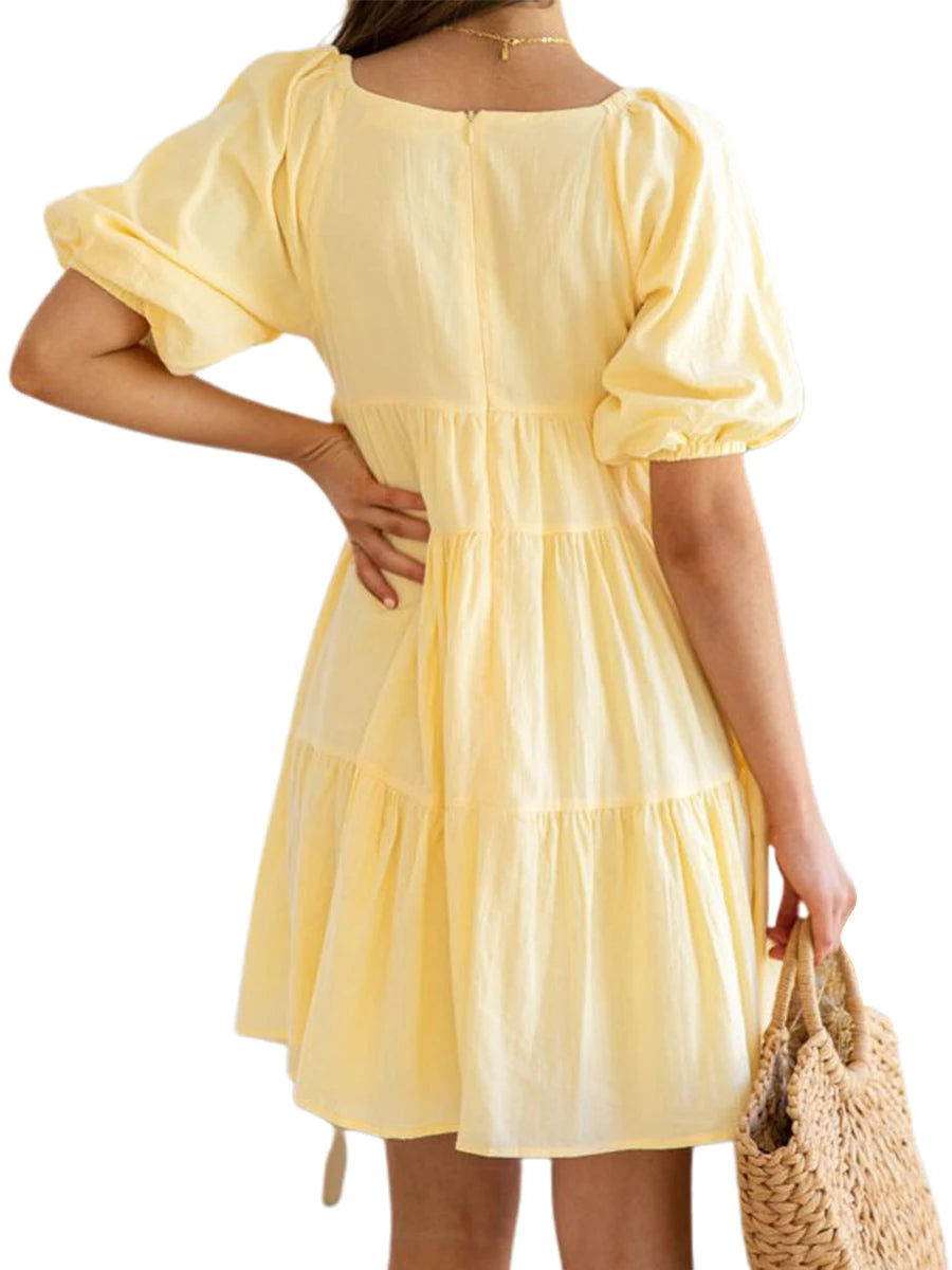 Elegant Maternity Dress – Solid Color A-Line Pregnancy Outfit with Puff Sleeves & V-Neck, Casual Summer Photoshoot Wear