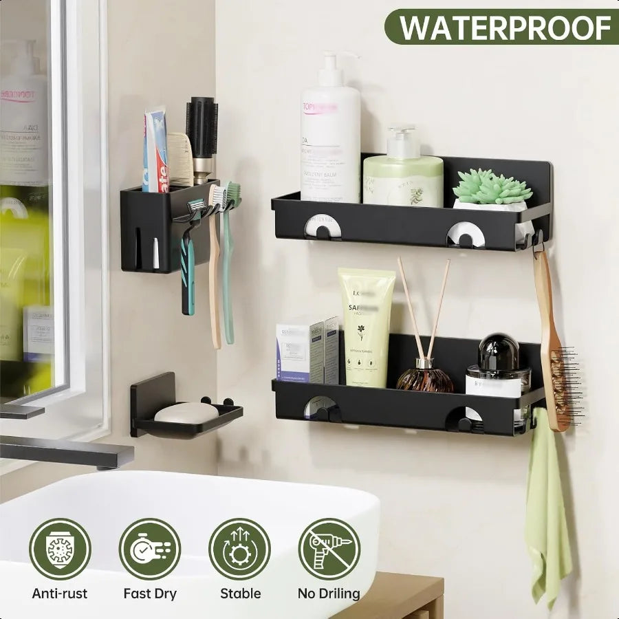 4-Pack No-Drill Plastic Corner Shower Caddy Set – Wall-Mount Organizer with Toothbrush Holder & Soap Dish, Black