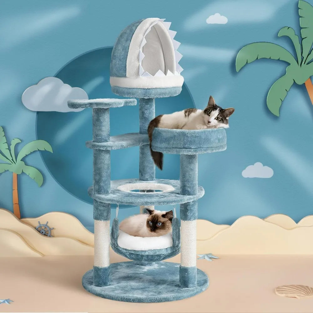 Cat Tree Multi-Level Tower – Plush Furniture with Shark’s Mouth Nest, Sea Star Perch & Jellyfish Hammock for Cats & Kittens