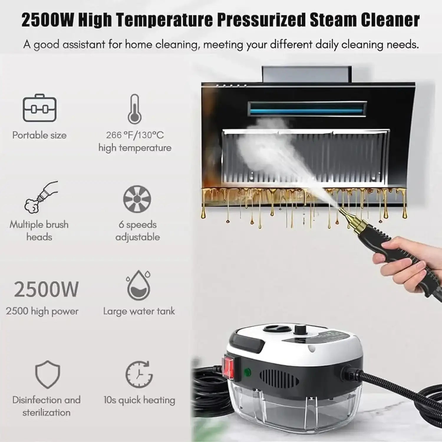 2500 W Handheld High-Temperature Pressurized Steam Cleaner – 3 Brush Heads for Kitchen & Home Use