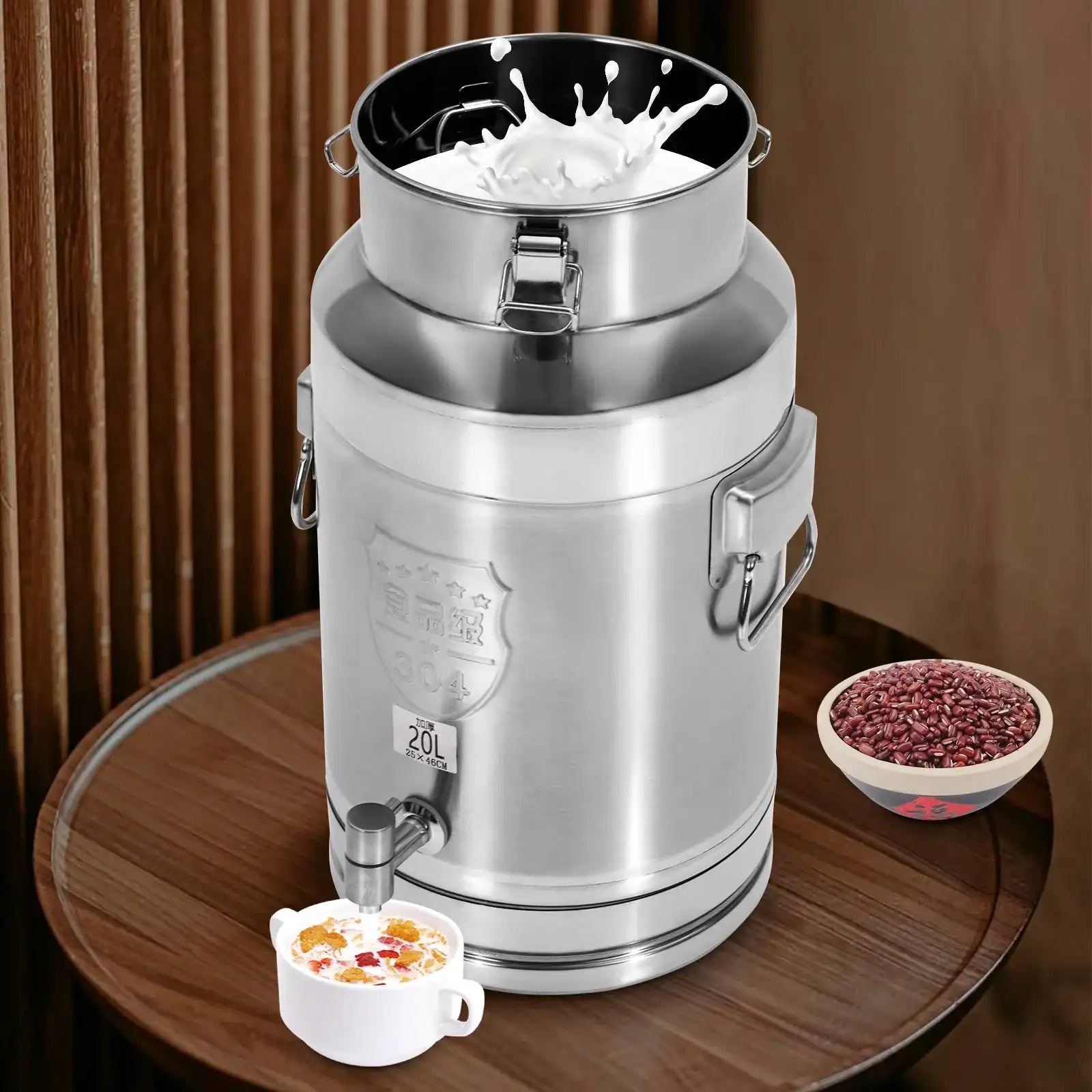 “Stainless Steel Milk Can Transport Barrel with Spigot – 20 L Beverage Dispenser”