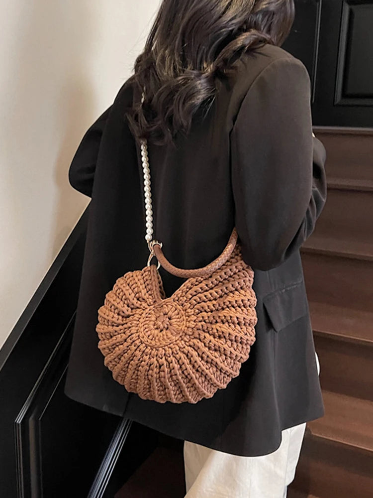 Women’s Handwoven Seashell Beach Bag – Boho Summer Shoulder & Crossbody Clutch with Pearl Chain for Travel & Vacation