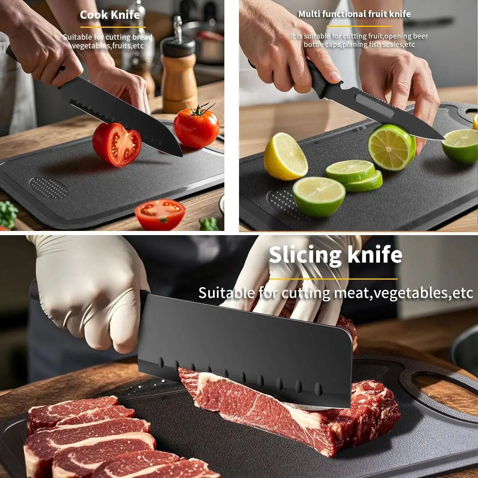 “Black Premium Kitchen Knife Set – Chef & Fruit & Cleaver + Cutting Board & Egg Mold”