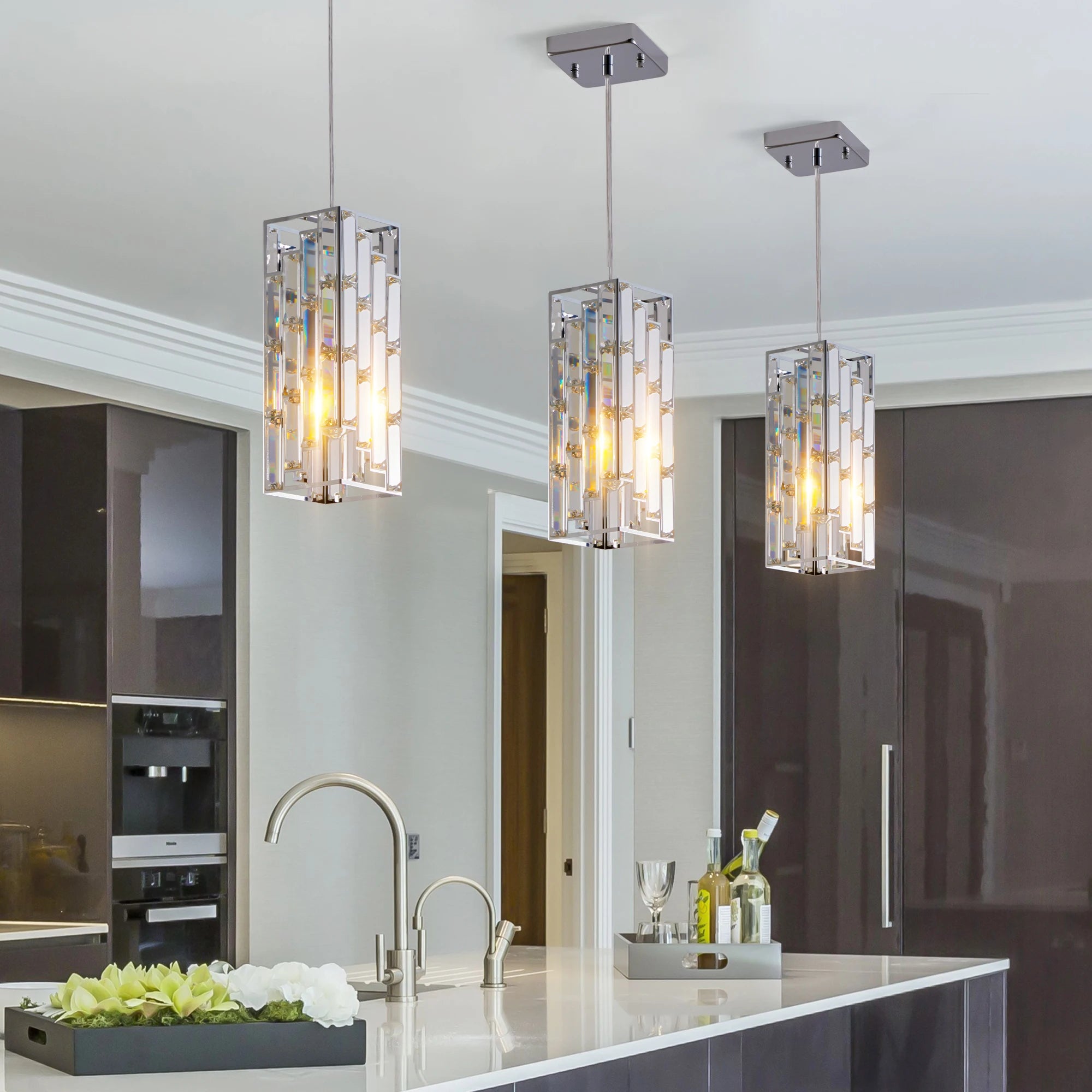 Modern Crystal Pendant Light – 3 Pack Adjustable Hanging Ceiling Lamps with Crystal Prism Design & Chrome Finish