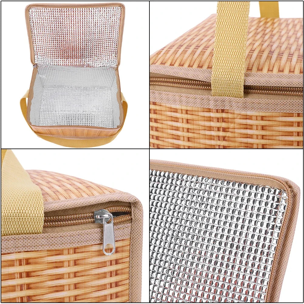 Thermal Cooler Outdoor Wicker & Rattan Picnic Bag – Waterproof Lunch Box Camping Basket with Strap & Zipper (22 × 14 × 12 cm)