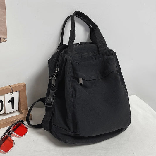Simple Canvas College Schoolbag – Vintage Solid-Color Backpack for Students & Women | Large-Capacity 2024 Casual Bookbag