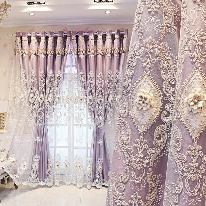 Vintage-Style Embroidered Dual-Layer Curtains – 3D Relief Pattern Window Drapes (Single Panel)