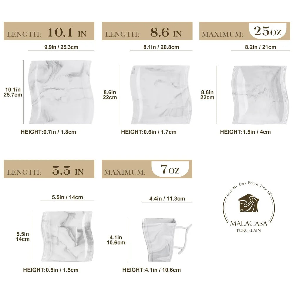 MALACASA Flora 30-Piece Marble-Pattern Porcelain Dinnerware Set – Service for Six