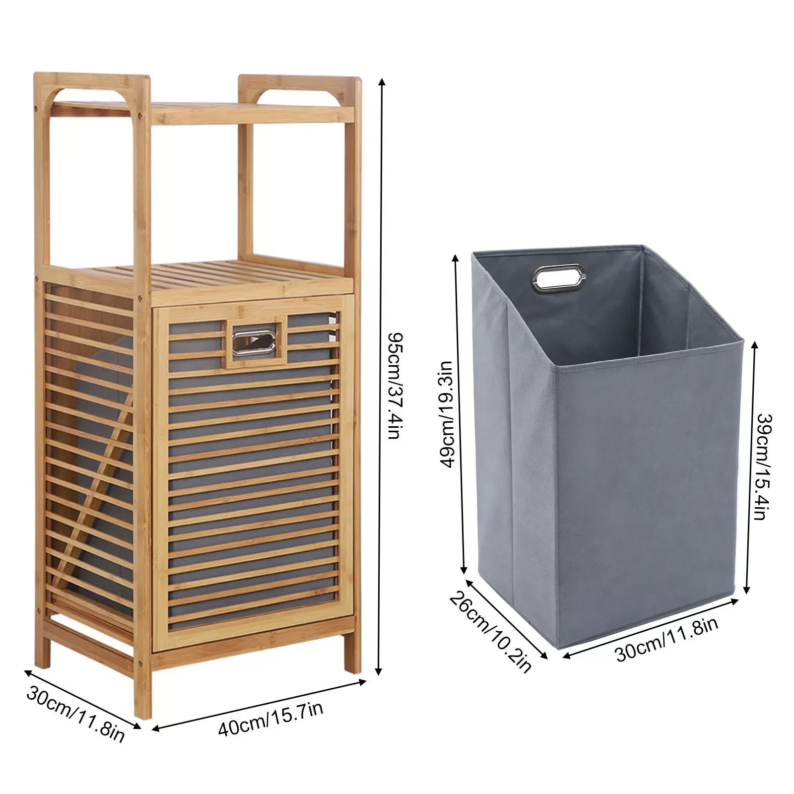Fabric & Bamboo Laundry Hamper Cabinet – Tilt-Out Basket Storage with 2-Tier Shelf for Bathroom or Bedroom