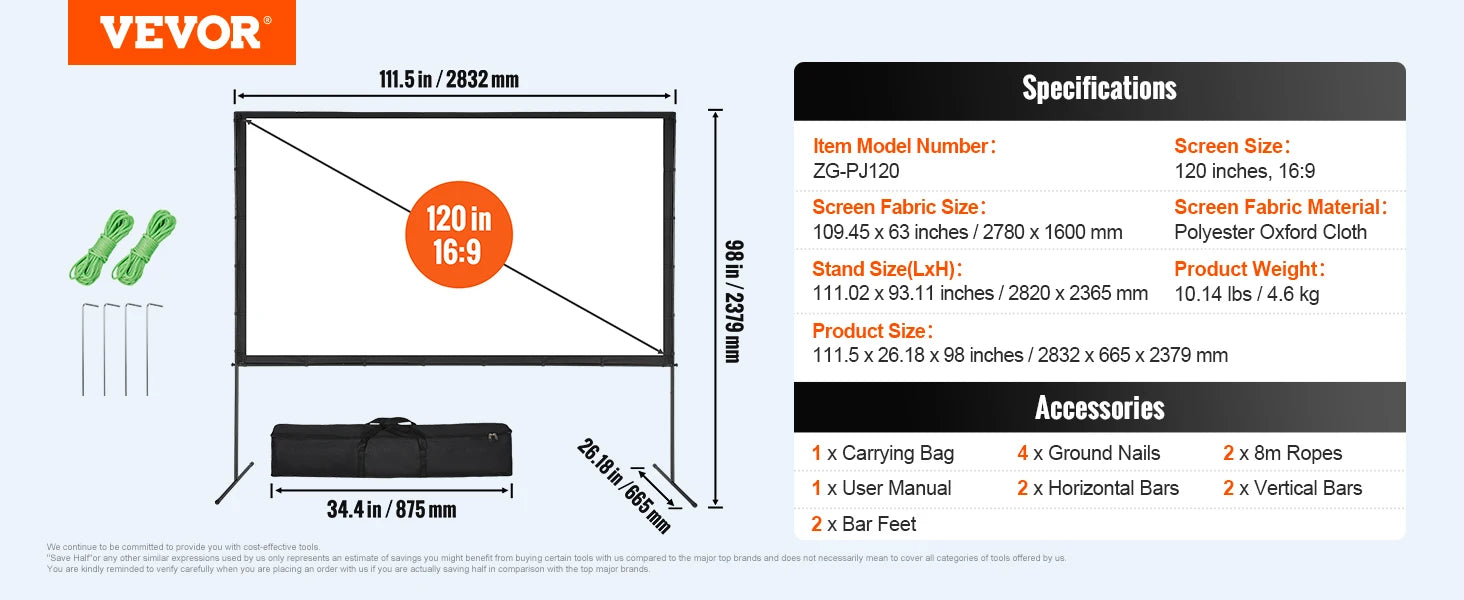Vevor Portable Projection Screen Kit – 16:9 HD/4K, Tripod Stand for 100″, 120″ or 150″ Viewing