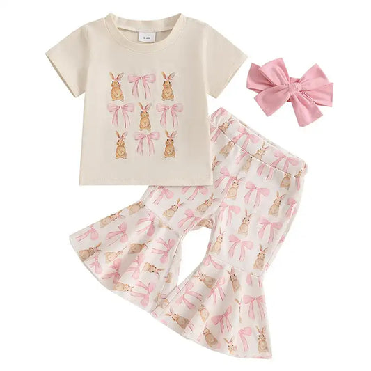 “Toddler Girl Easter Outfit – 3-Piece Bow Bunny Print T-Shirt, Flare Pants & Headband Set”