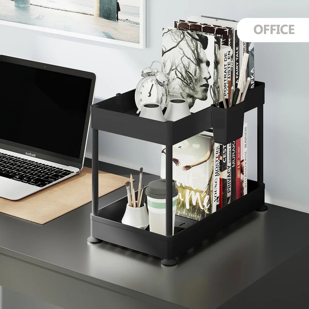 2-Tier Under-Sink Organizer Cabinet Storage – Pull-Out Shelf with Utility Hooks & Side Caddy