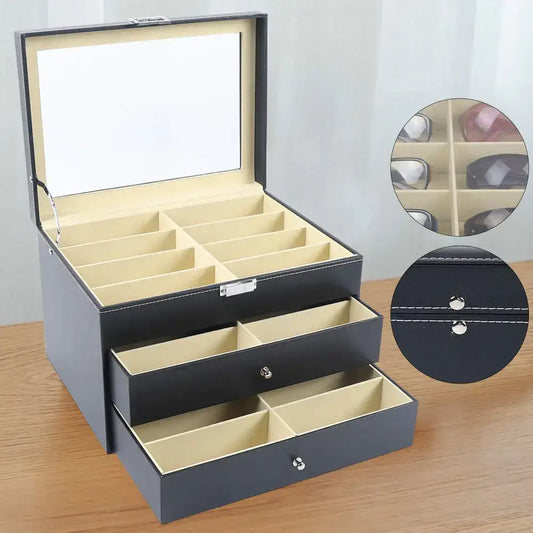 PU Leather Sunglasses Display Box with Glass Window – Jewelry Organizer for Glasses, Rings & Necklaces