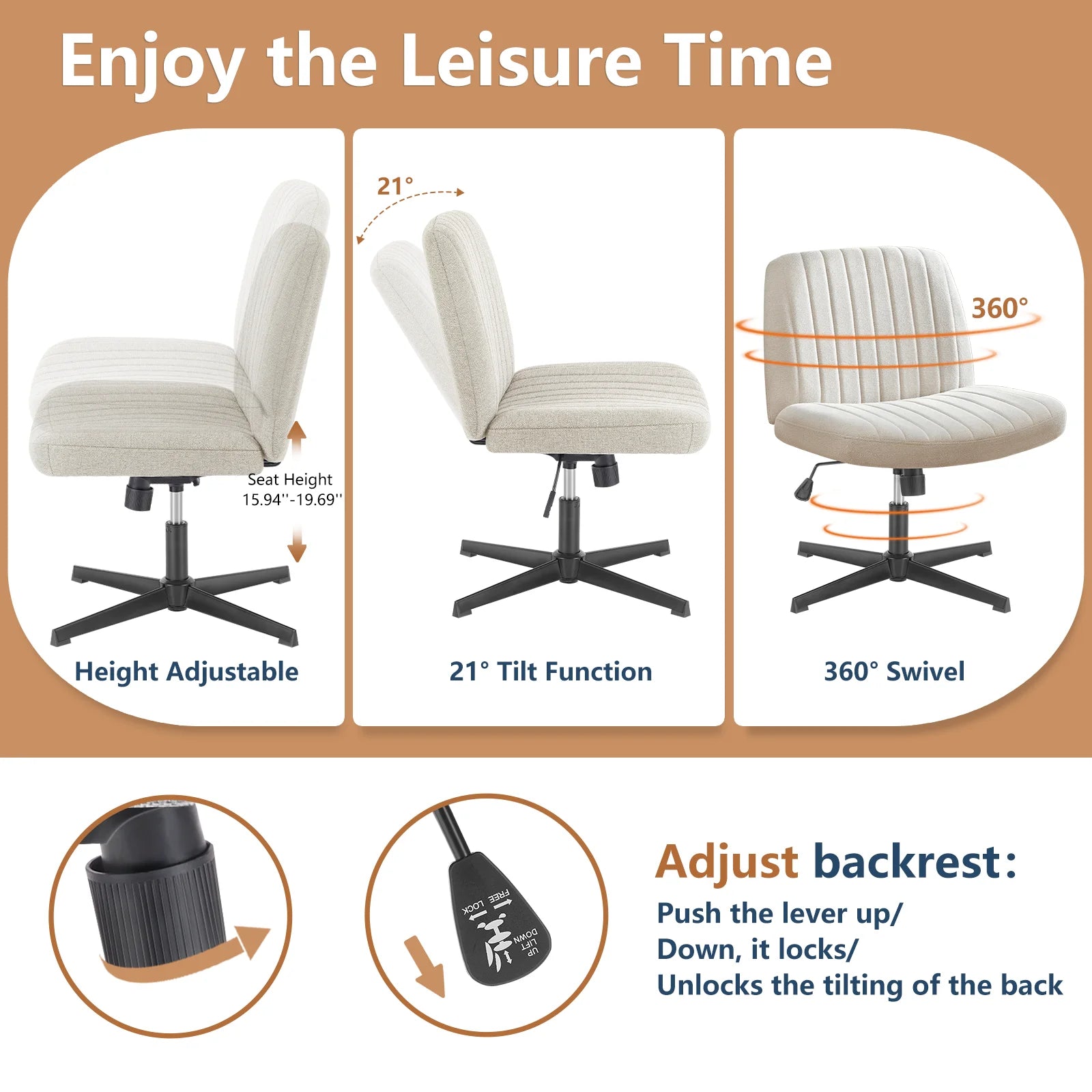 🪑 JHK Cross-Legged Rocking Gaming Chair – Armless Wide Fabric Swivel Task & Vanity Chair for Office & Living Room