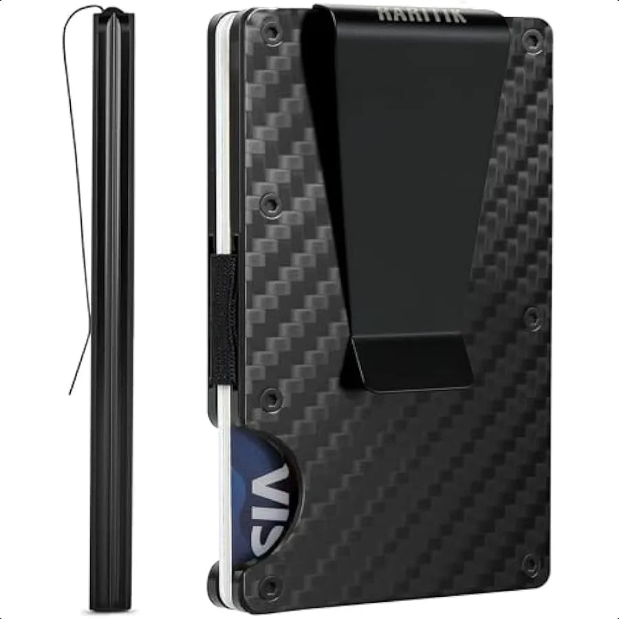 Men’s Minimalist Carbon Fiber Wallet – RFID Blocking Aluminum Card Holder with Money Clip & Cash Strap