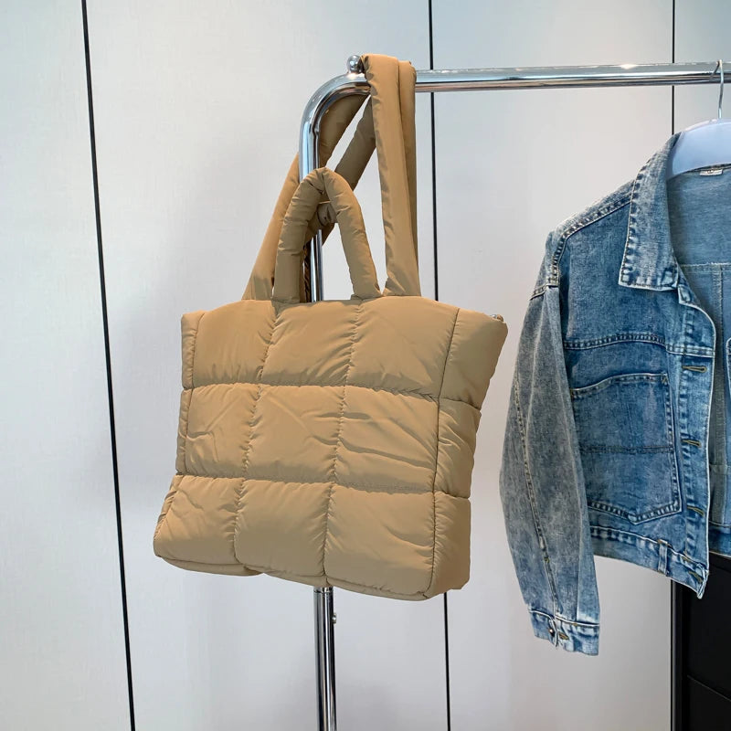Women’s puffer tote bag – lightweight quilted padded shoulder handbag, solid-color fashion tote purse for outdoor travel, shopping & daily use