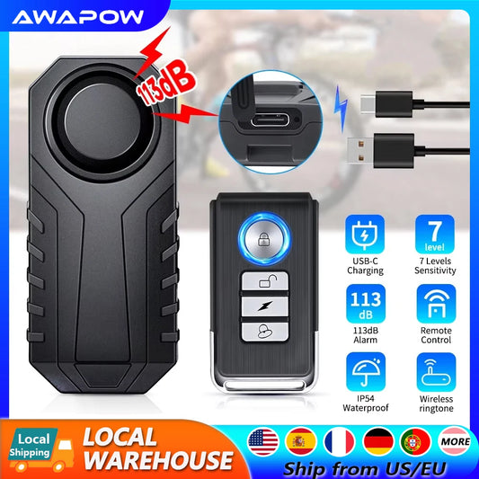 🚴 AWAPOW Bike Alarm – 113dB Waterproof Anti-Theft Bicycle Alarm with USB Rechargeable Battery & Remote Control