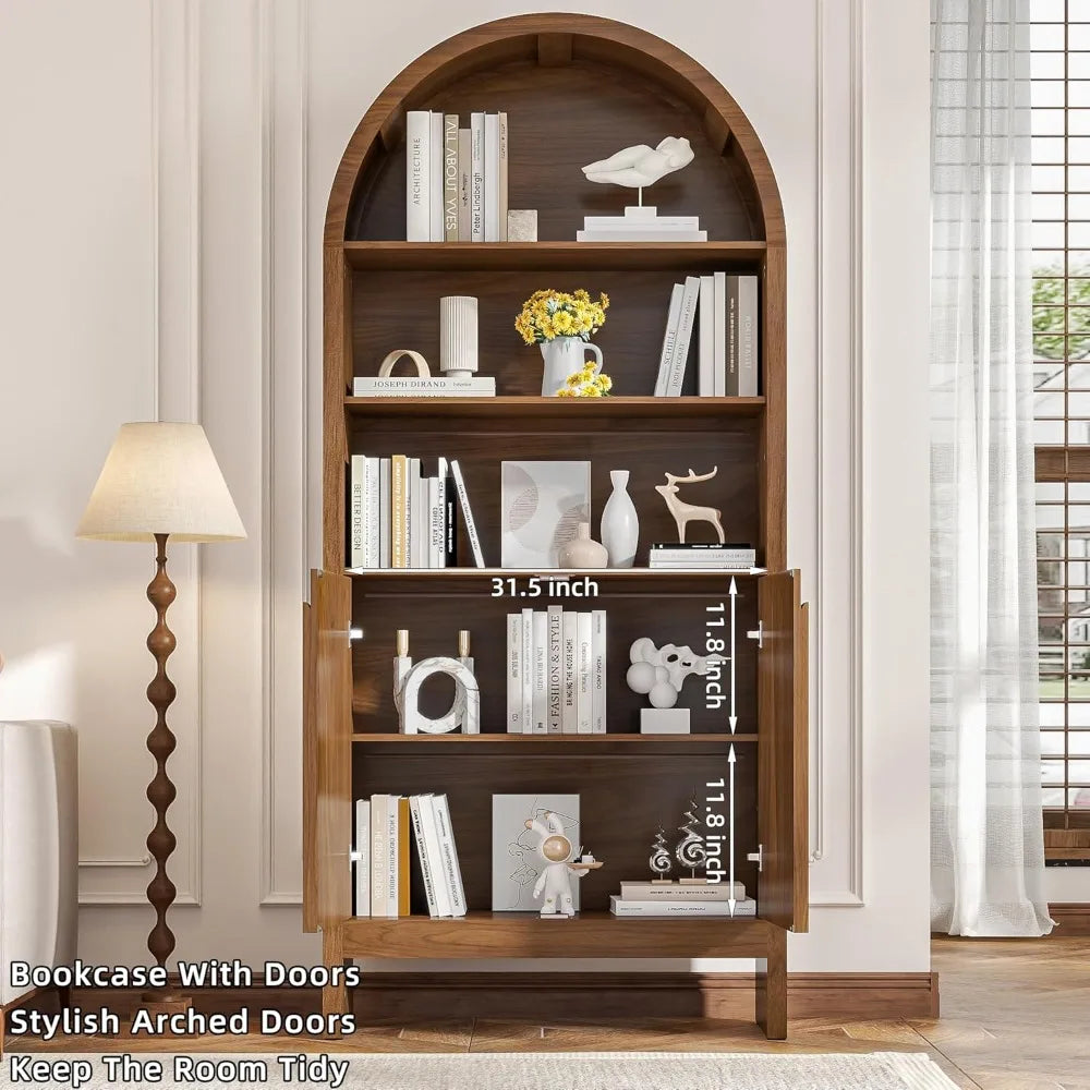 Mid-Century Arched Bookcase – 5-Tier Tall Display with Cabinet Doors, 71″ Architectural Library Storage