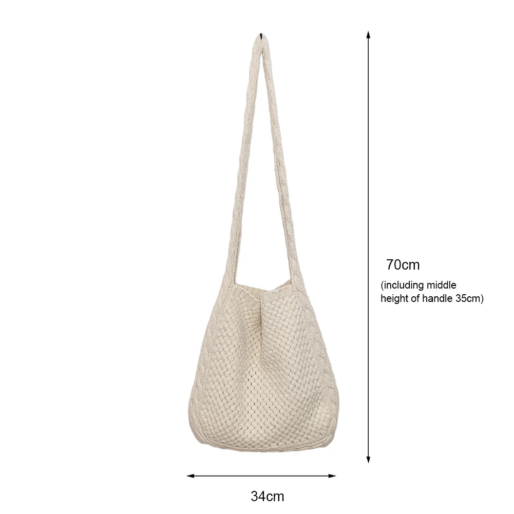 Wool-Knitted Shoulder Shopping Bag for Women – Vintage Cotton Cloth Tote, Large Crochet-Style Shopper Handbag