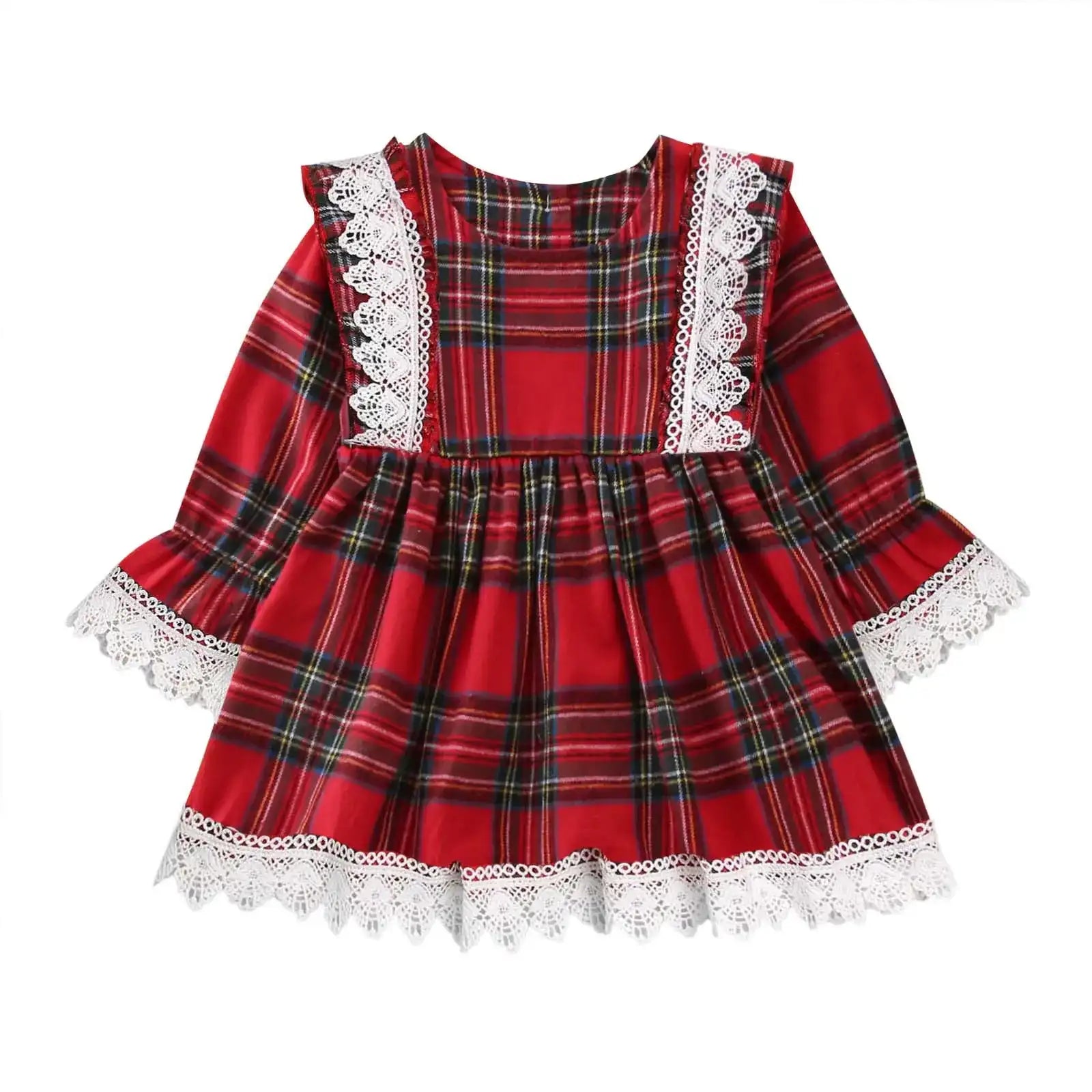 Red Plaid Lace & Ruffle Long-Sleeve Tutu Party Dress for Baby Girls – Christmas Outfit