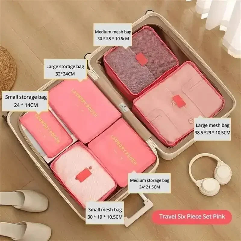 6-Piece Travel Storage Bag Set – Waterproof Large-Capacity Luggage Clothes & Underwear Organizer (Pink/Blue/Grey)
