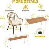 “6-Piece Outdoor Patio Dining Set – Wicker Table with 4 Chairs, Dining Bench & Umbrella Holes”