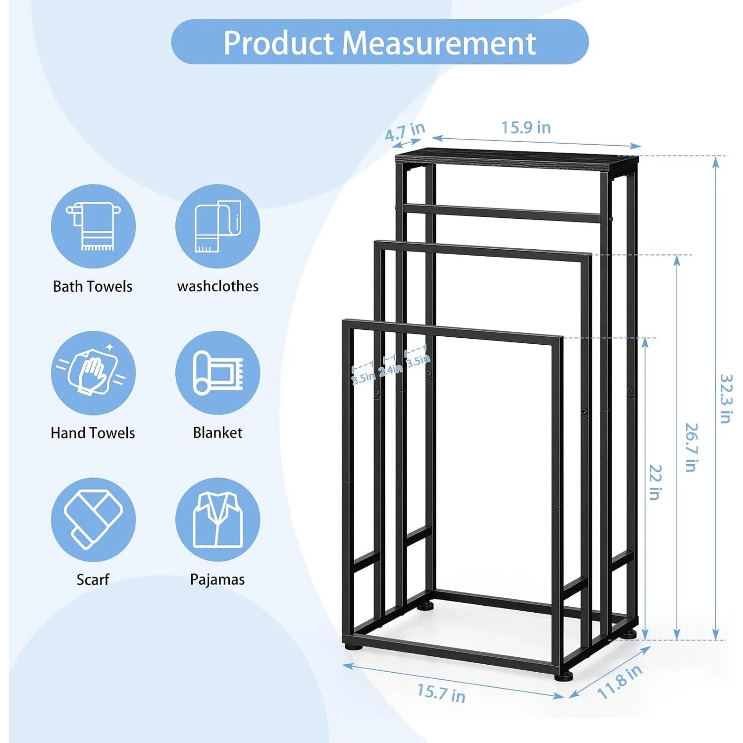 Freestanding Towel Rack 3-Tier Storage Shelf – Slim Space-Saving Black Finish